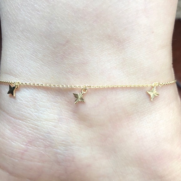 14K Solid Gold 7 Dangle Stars Ankle Bracele Anklet - Picture 6 of 7